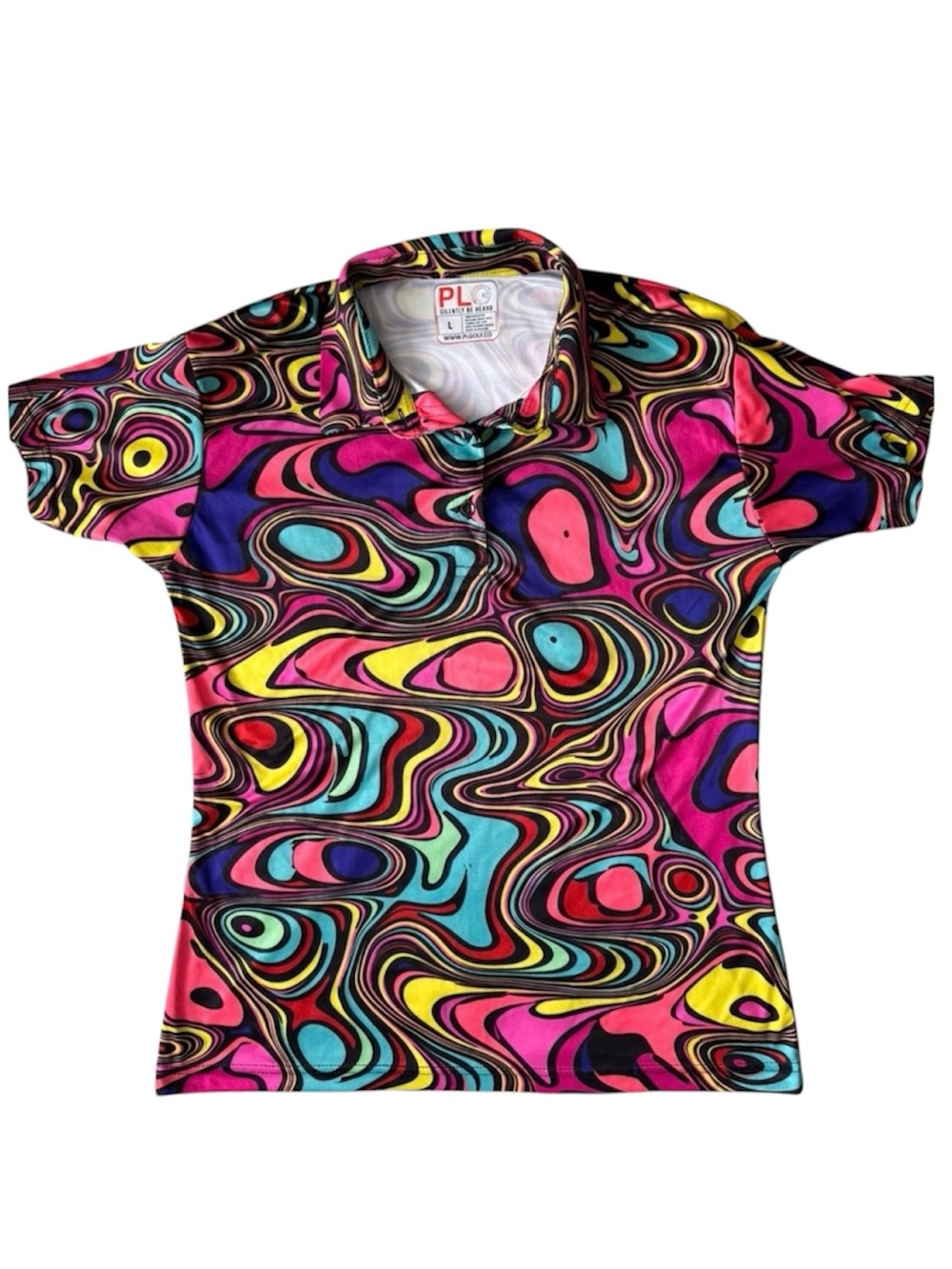 PLG Play Loud Golf Silently Be Heard SS Polo Golf Shirt Wild Colorful Women's L